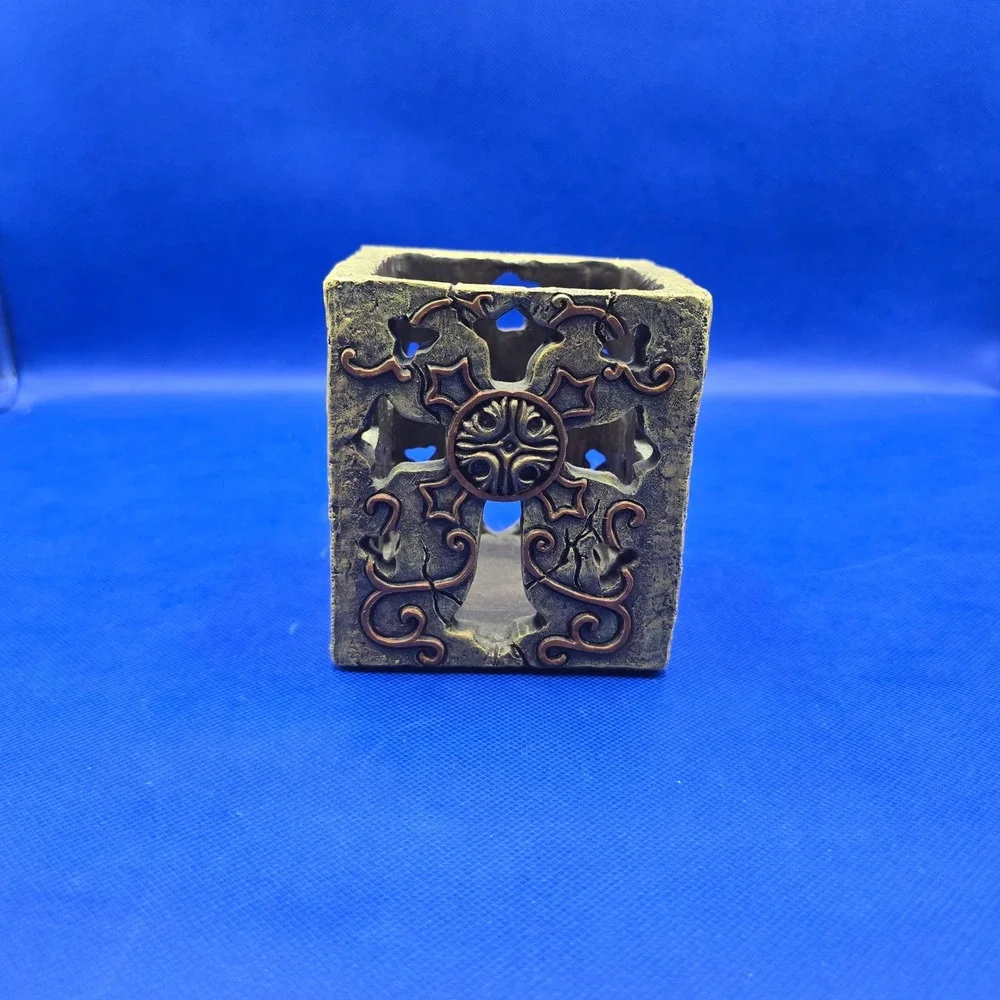 Rustic Gothic Cross Candle Holder Stone Look Resin Votive Sleeve Copper Scroll